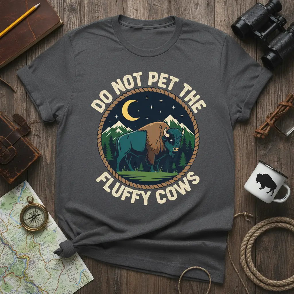 Do Not Pet The Fluffy Cows quote featuring a graphic of a bison in a mountain forest at night