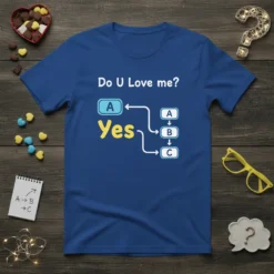 Blue t-shirt with "Do U Love me? Yes" and a flowchart connecting A to Yes, then A, B, C