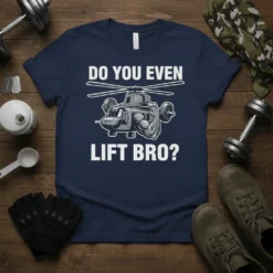 Do You Even Lift Bro? funny gym t-shirt with a helicopter graphic flexing weights