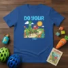 Kids blue t-shirt with "Do Your Veggie Tales" text and cartoon tomato and cucumber riding a bicycle, with a sunny