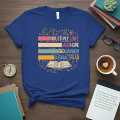 Do The Math Multiply Love Add Hope End Division Subtract Fear quote on a blue t-shirt with educational graphics