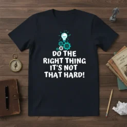 White text quote "DO THE RIGHT THING IT'S NOT THAT HARD!" with light blue lightbulb and gears graphic on a