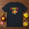 Black t-shirt with "DOCE." text and graphics of a cupcake, ice cream cone, and lollipop