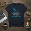 Navy blue t-shirt with "docker kill" text and a graphic of a rocket launching through shipping containers