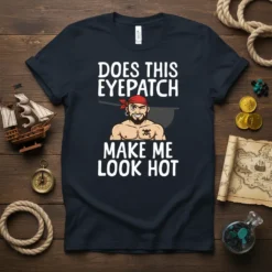 Does This Eyepatch Make Me Look Hot pirate quote t-shirt with winking pirate graphic and skull tattoo