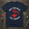 Does This Mean I Get 3 Wishes text with a red genie lamp graphic on a navy t-shirt
