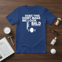 White text "DOES THIS SHIRT MAKE ME LOOK BALD" with comb and head graphic on navy blue t-shirt