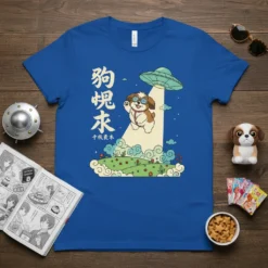 狗狗來 Dog Alien Abduction T-Shirt with a Shih Tzu waving from a UFO beam. Features Japanese text and a whimsical