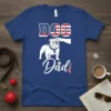 Dog Dad Bulldog patriotic t-shirt with a white bulldog and American flag accents, featuring the text "DOG Dad"