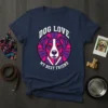 Dog Love My Best Friend text and geometric dog face design on a navy t-shirt