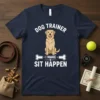 Dog Trainer I Make Sit Happen t-shirt with a golden retriever graphic and bone accents