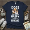Dogs Make Me More Happy Humans Make My Head Hurt quote on a navy t-shirt with multiple dog breeds illustration