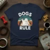 Navy t-shirt with "DOGS RULE" text and a graphic of various dog breeds sitting in front of a sunset