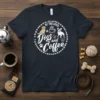 Dogs and Coffee t-shirt design featuring a Labrador, French Bulldogs, coffee cup, and beans in a circular graphic