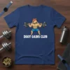 DOGY GAINS CLUB text with a muscular cartoon dog lifting a barbell on a navy blue t-shirt
