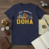 Doha Qatar Arabian Gulf skyline graphic t-shirt featuring city landmarks and text in yellow and white