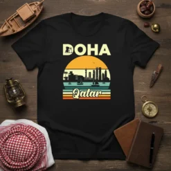 Doha Qatar retro sunset skyline t-shirt design with sailboats and city buildings