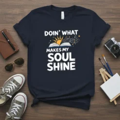 Doin' What Makes My Soul Shine quote with an open book and sun graphic on a navy t-shirt