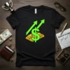 Dollar Gold Growth t-shirt design with green dollar sign, gold bars, and upward arrows on black tee