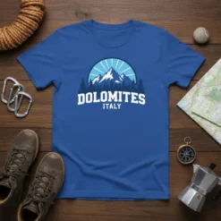 Dolomites Italy t-shirt design featuring a mountain range silhouette with trees and sun rays