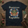 Dominican Republic T-Shirt with tribal mask design and floral accents, featuring the words "Dominican Republic" in decorative font