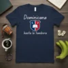 Navy blue t-shirt with white text "Dominicana hasta la tambora" and a shield graphic