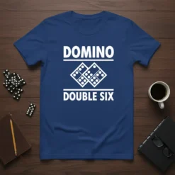 Domino Double Six T-Shirt with white text and domino graphics on a blue shirt