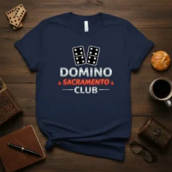 Domino Sacramento Club T-Shirt featuring bold text and domino graphics, perfect for gamers and Sacramento residents