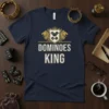 Dominoes King text and shield graphic with lions on a navy t-shirt, for board game players