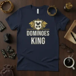 Dominoes King text and shield graphic with lions on a navy t-shirt, for board game players