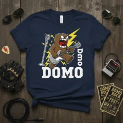 Domo Rock Star T-Shirt featuring Domo Kun playing guitar with a microphone and lightning bolts, white text 'Domo' and 'Domo'