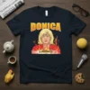 DONICA Lewinsky text with a caricature of a woman in flames on a navy t-shirt, political humor design