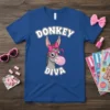 Donkey Diva t-shirt design featuring a cartoon donkey wearing heart-shaped glasses and a pink bow, blowing a pink bubblegum bubble