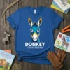 Blue t-shirt with geometric donkey head graphic and text "DONKEY GOOD FRIEND"