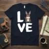 Donkey Love T-Shirt featuring white text "L VE" with a cute brown donkey graphic in place of the 'O'