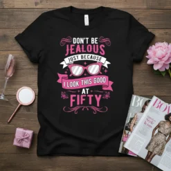 Black t-shirt with pink text "DON'T BE JEALOUS JUST BECAUSE I LOOK THIS GOOD AT FIFTY" and sparkling sunglasses graphic