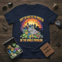 T-shirt with the quote "Don't Be Part Of The Problem Be The Whole Problem" featuring a rat lounging in money