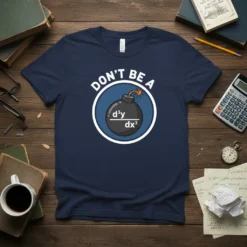 Don't Be A D3y/Dx3 math humor t-shirt featuring a bomb graphic with calculus equation, navy blue tee
