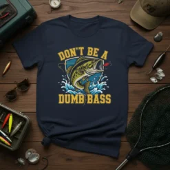Don't Be A Dumb Bass humorous fishing quote on a navy t-shirt with a largemouth bass graphic
