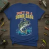 Don't Be A Dumb Bass funny fishing quote on a navy t-shirt with a cartoon bass wearing a striped hat