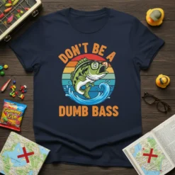 Don't Be A Dumb Bass t-shirt with a retro graphic of a bass fish wearing glasses and sunglasses