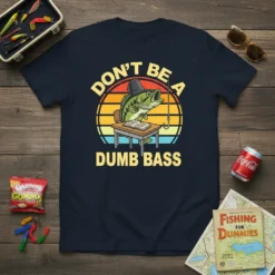 Don't Be A Dumb Bass funny fishing t-shirt design with a bass character sitting at a desk