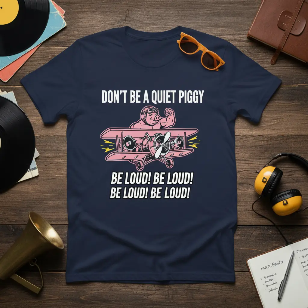 Don't Be A Quiet Piggy Be Loud T-Shirt design with muscular pig pilot and airplane graphic