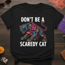 Black t-shirt with "DON'T BE A SCAREDY CAT" text and a colorful jaguar graphic, part of a Dia de los