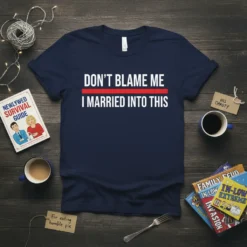Navy t-shirt with "DON'T BLAME ME I MARRIED INTO THIS" quote in white, separated by a red line. "Don't Blame