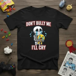 Skeleton hugging a crying emoji with text "Don't Bully Me I'll Cry" on a black t-shirt