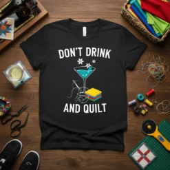 Black t-shirt with white text "DON'T DRINK AND QUILT" above a martini glass filled with blue liquid, surrounded by sewing
