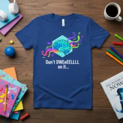 Blue t-shirt with white text "Don't DWeeeEELLLL on it..." and a colorful brain graphic inside a hexagon