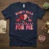 Don't Fall For Me text with broken heart graphic on a navy t-shirt, Valentine's Day theme