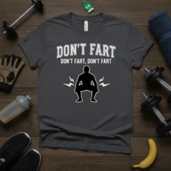 Funny gym t-shirt with "DON'T FART DON'T FART DON'T FART" text and a squatting silhouette graphic